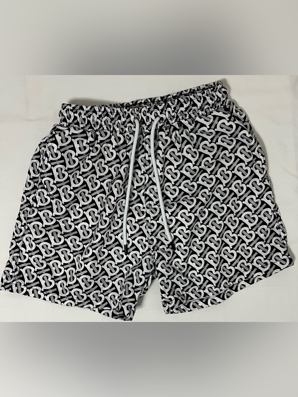 Burberry Monogram Swim Trunks Shorts Black White TB Logo Drawstring SZ M Luxury
